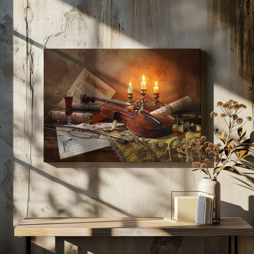 Still life with violin and candles