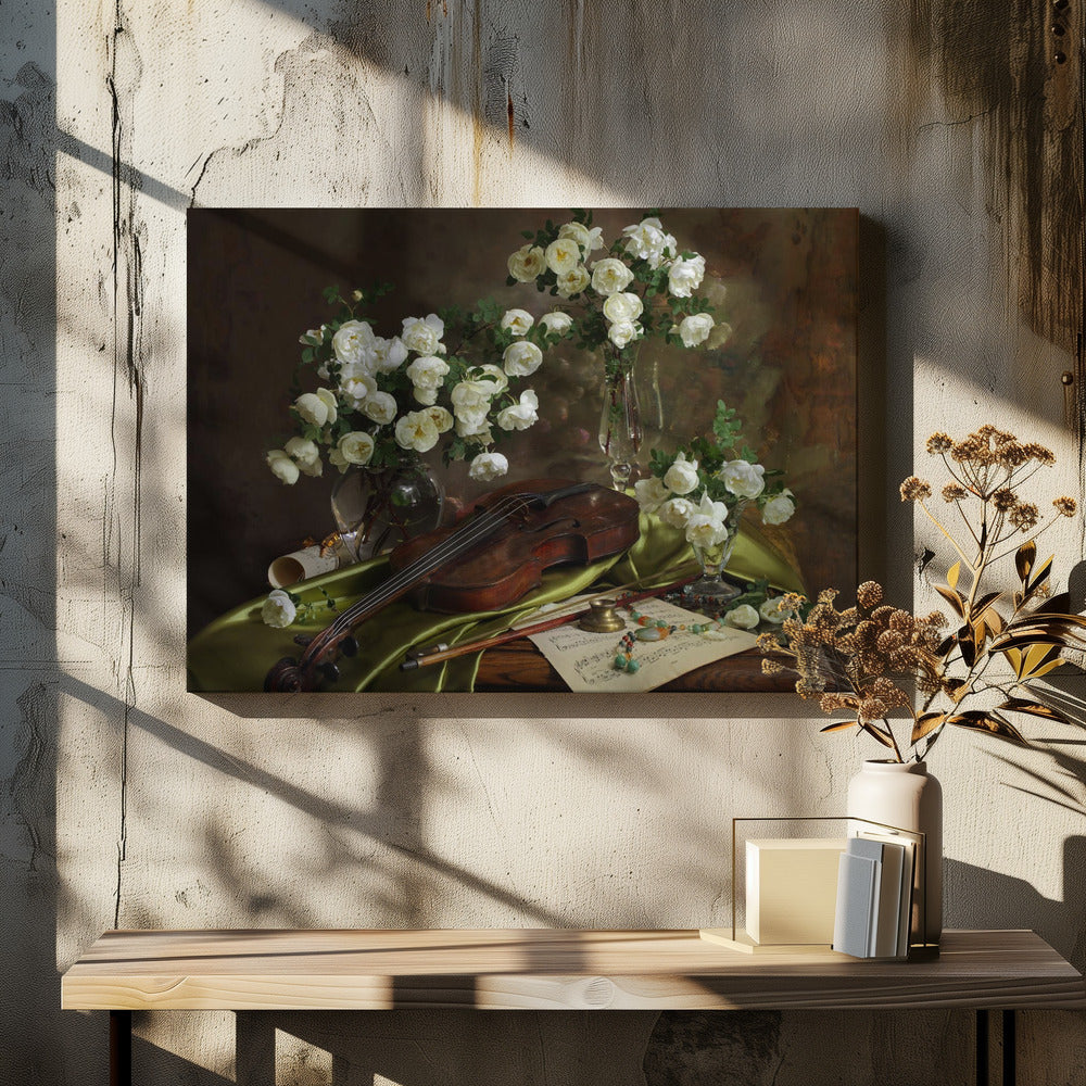 Still life with violin and flowers