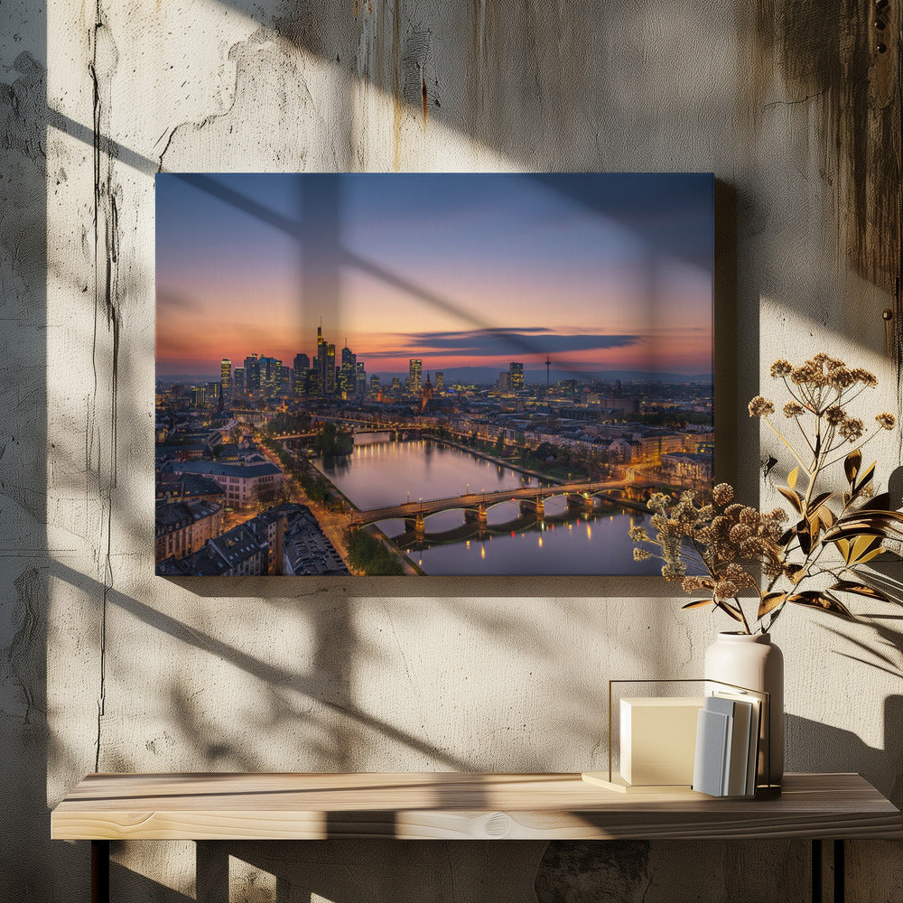 Art Prints of Frankfurt Skyline at sunset