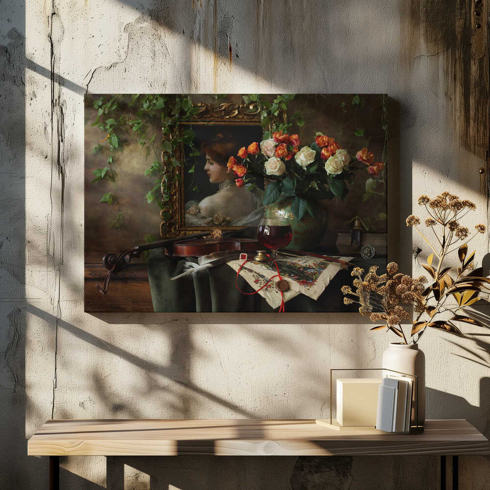 Still life with violin and flowers