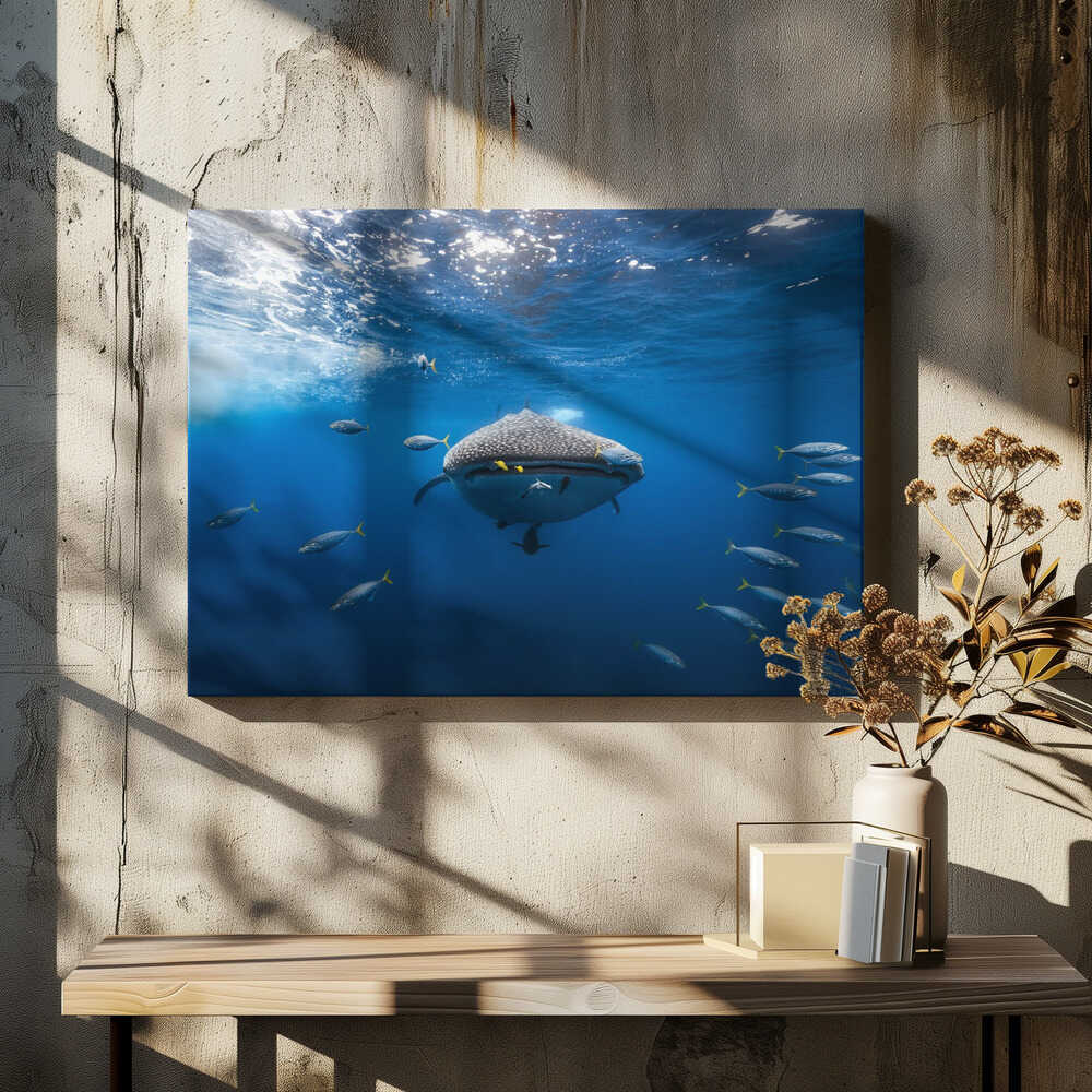 Whale shark escorted by a school of bonito