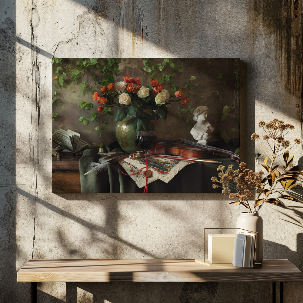 Still life with violin and flowers