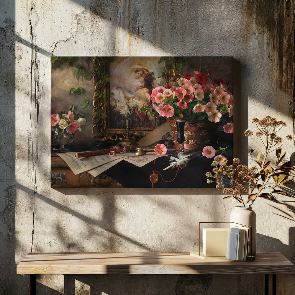 Still life with flowers and picture