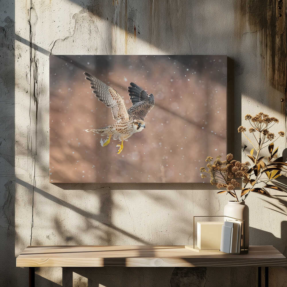 Fast flying falcon in the bliazard