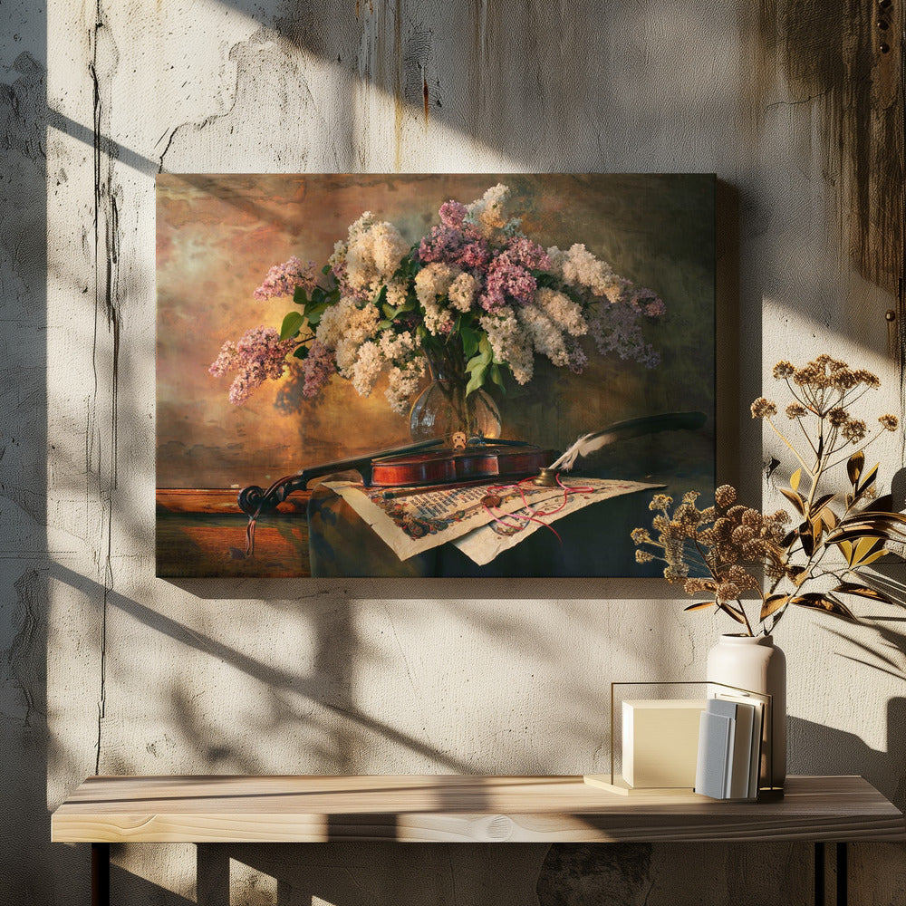 Still life with violin and lilac flowers