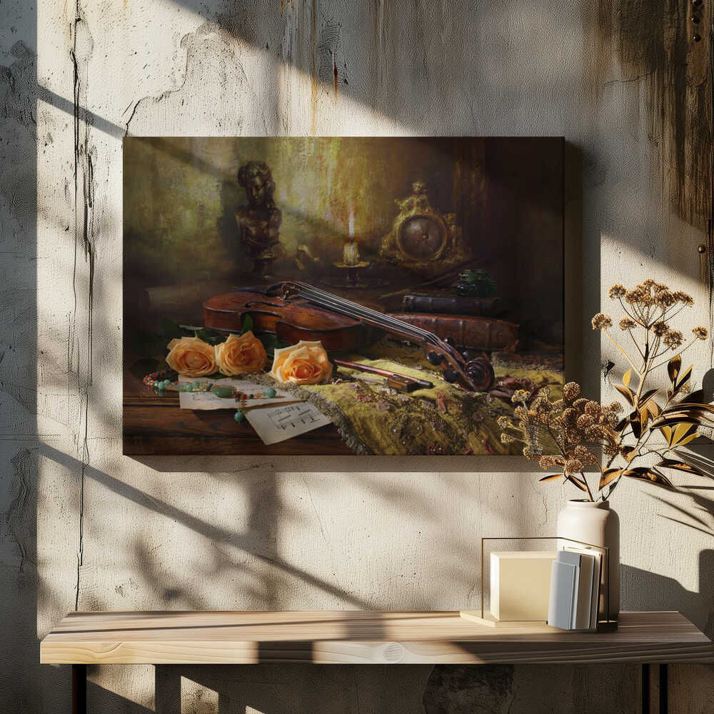 Still life with violin and roses