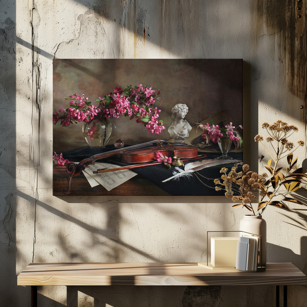 Still life with violin and flowers