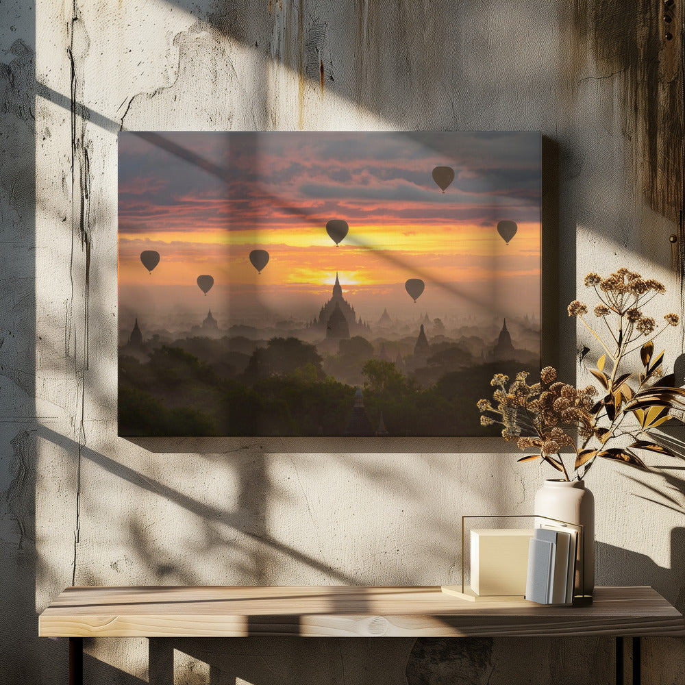 Bagan, balloons flying over ancient temples