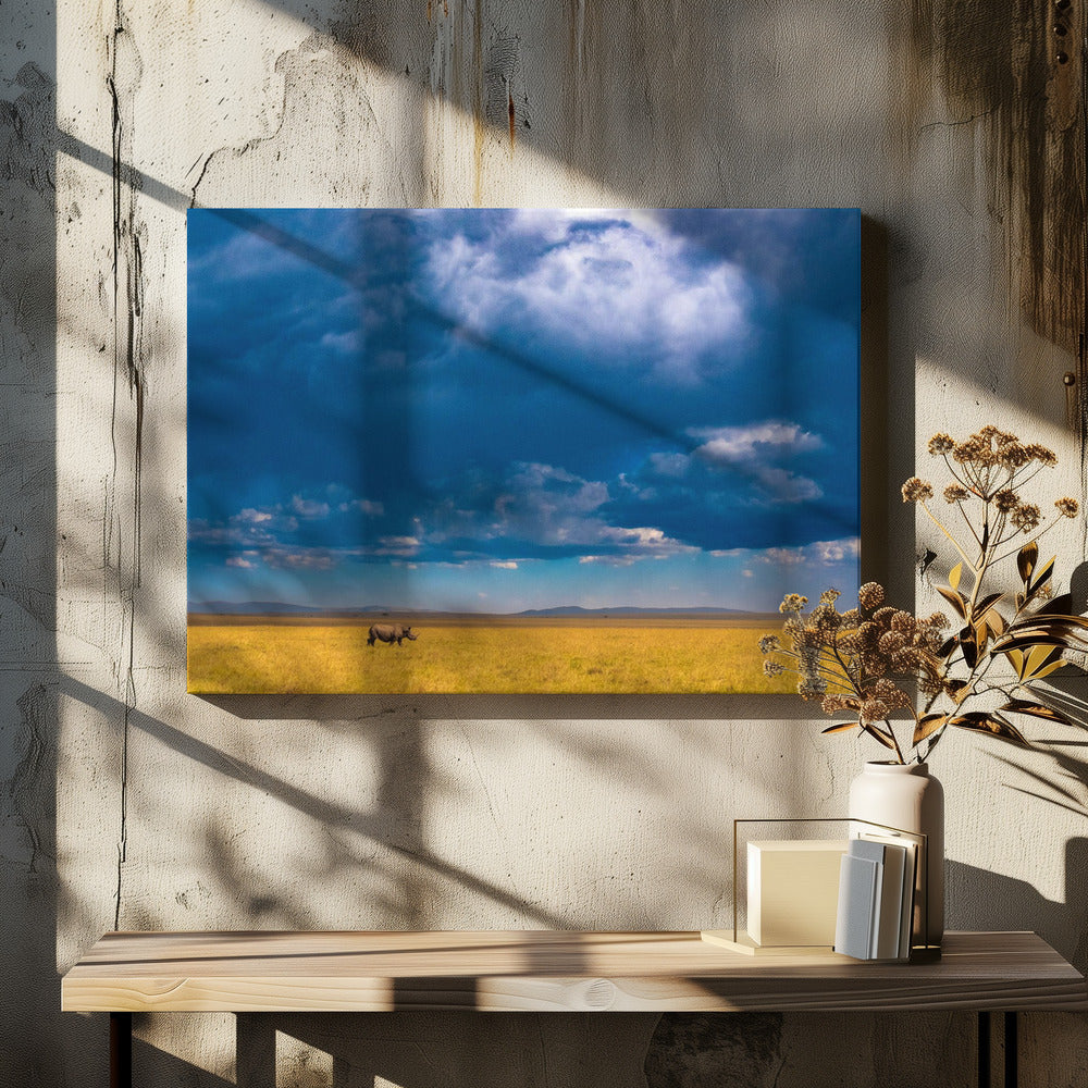 Canvas Art Print Two-horned Rhino under a cloudy sky