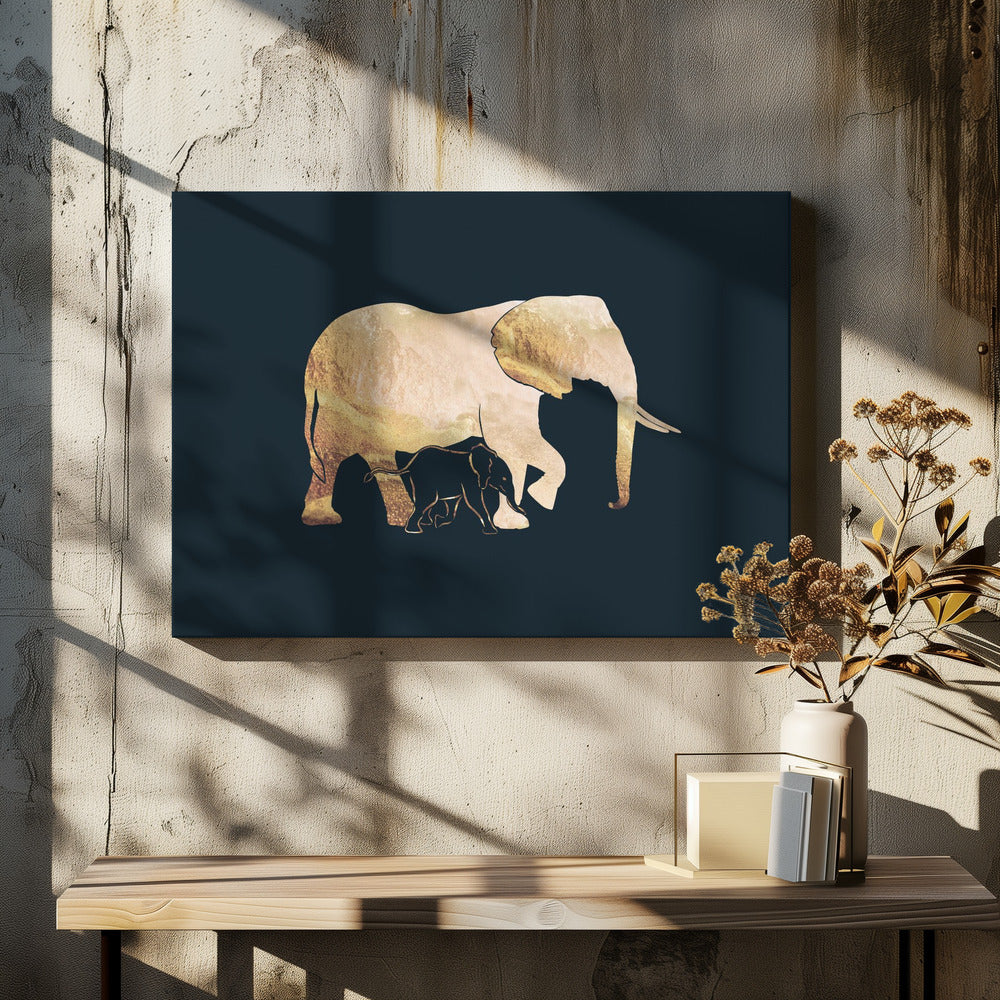 Canvas Art Print Black gold elephants 2