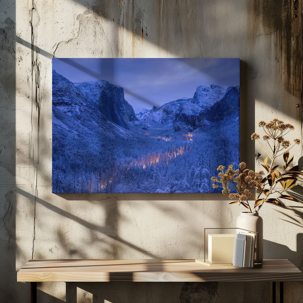 Traffic in Yosemite Valley during blue hour