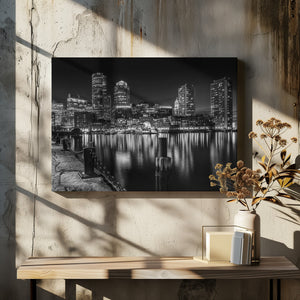 Art Prints of BOSTON Fan Pier Park & Skyline at night - monochrome