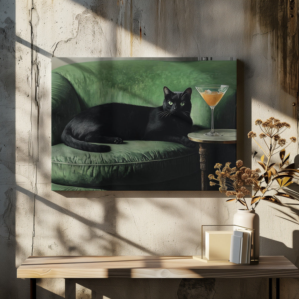 Black Cat Green Sofa Chill