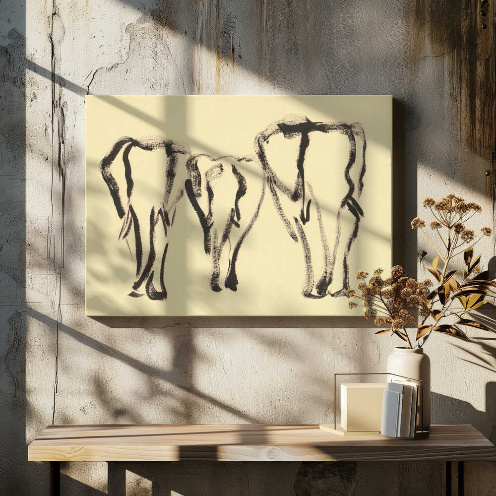 Ink Painting Portrays Three Elephants