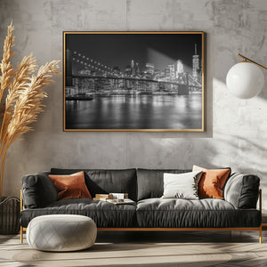 Art Prints of MANHATTAN SKYLINE & BROOKLYN BRIDGE Idyllic Nightscape - Monochrome Panoramic