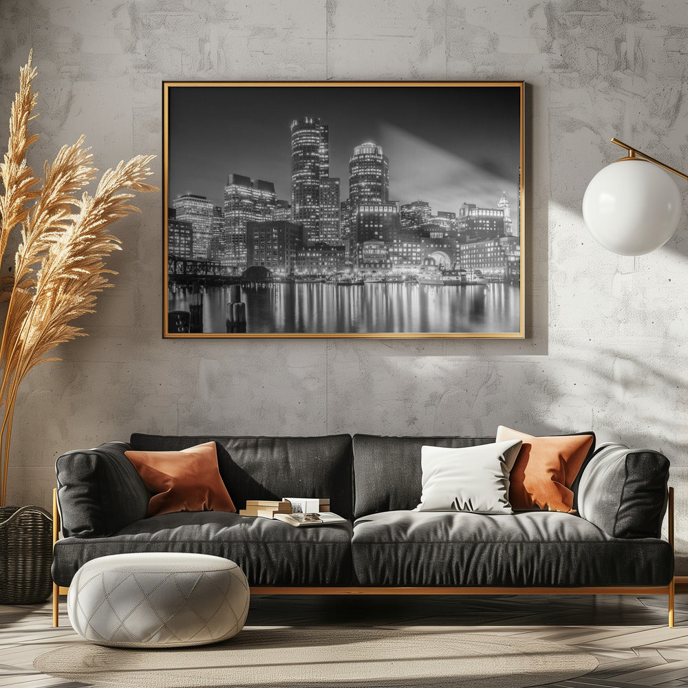 Art Prints of BOSTON Fan Pier Park & Skyline in the evening - Monochrome Panoramic