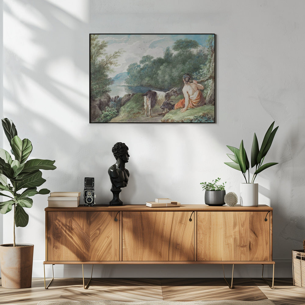 Shepherdess With Goats In a Landscape With a Lake