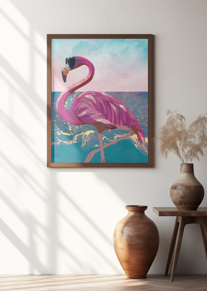 Flamingo goes to the beach