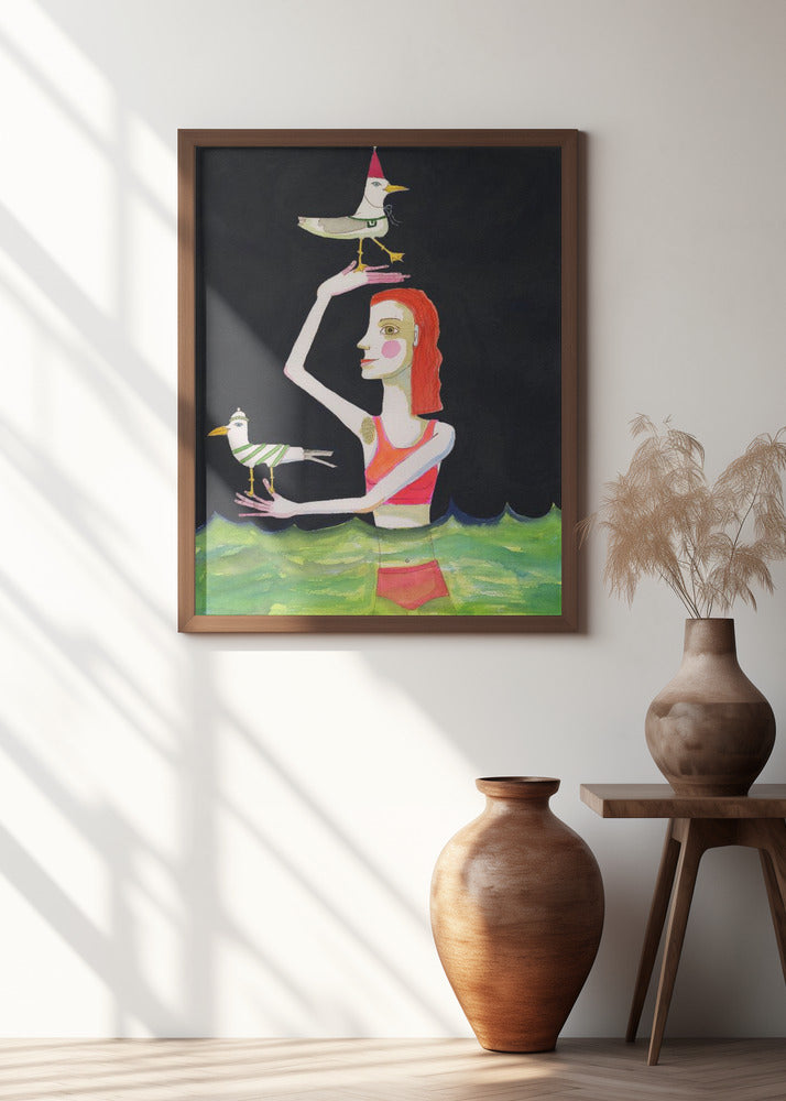 Swimming Lady with birds