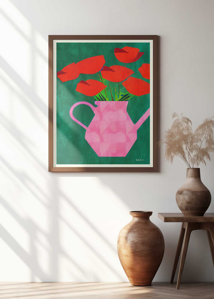 Red Poppies In a Pink Vase