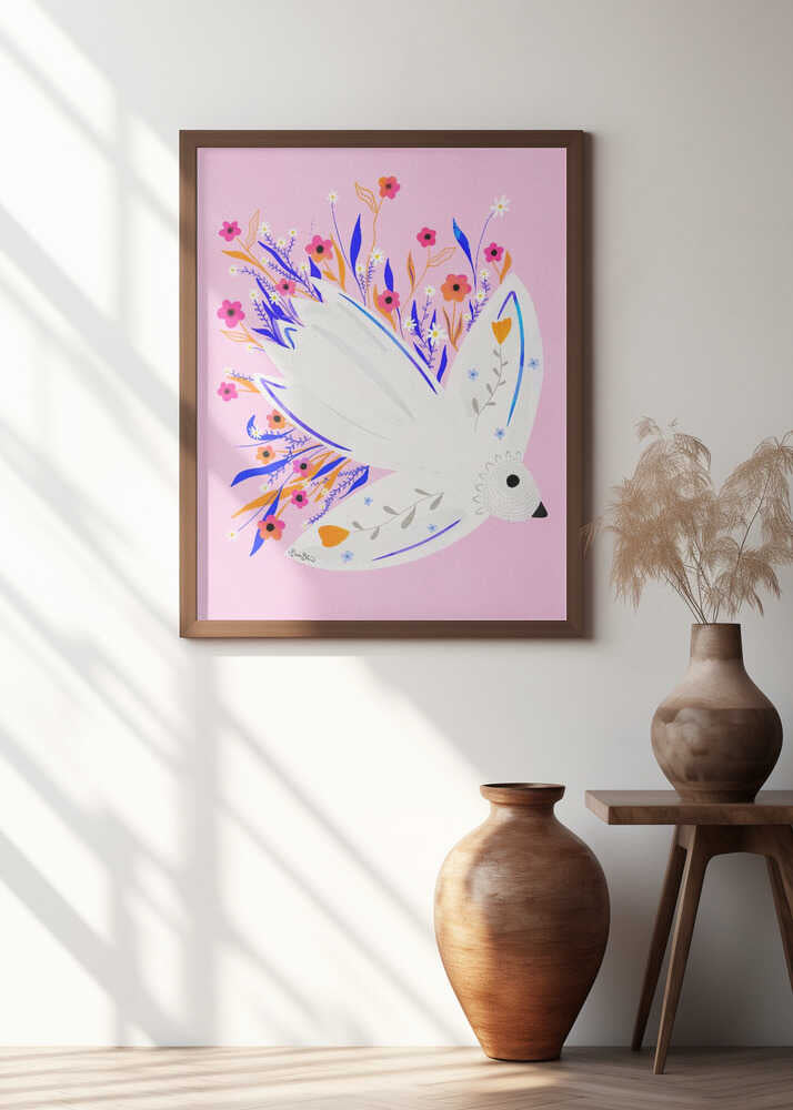 Bird in Flowers Pink illustration