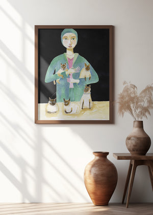 Art Prints of Lady with Five Siamese Cats