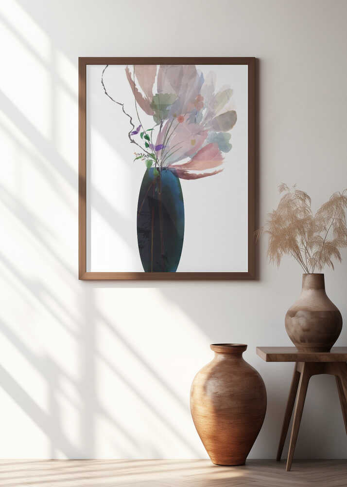 Blush Pink Floral In Blue Glass Vase