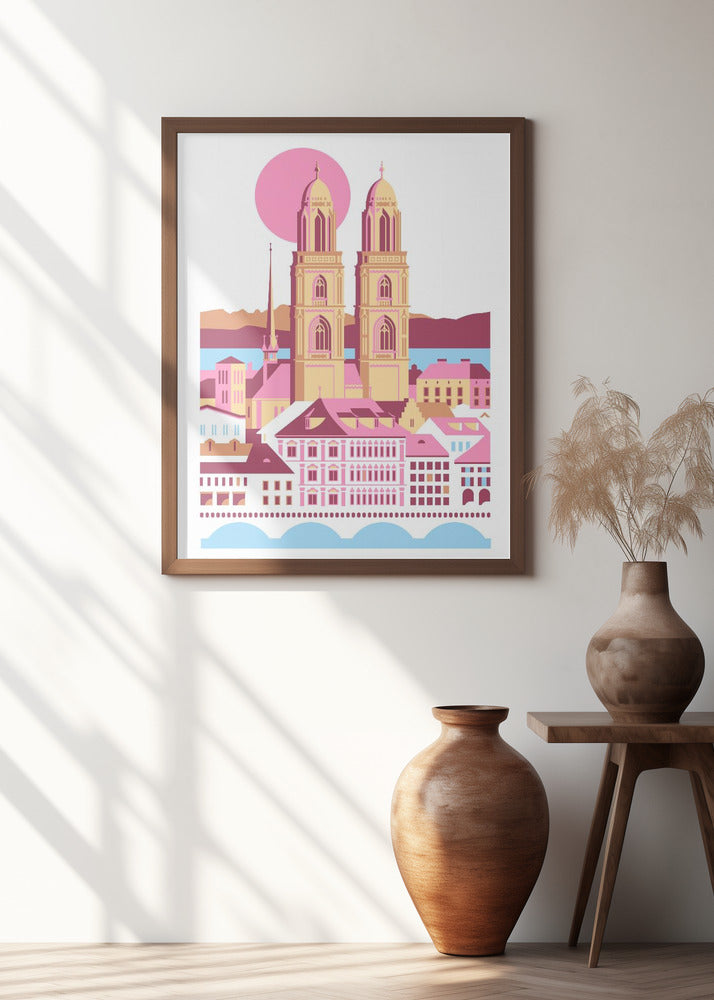 City Of Zurich Switzerland Swiss Summer Mountains City Illustration Vintage Poster