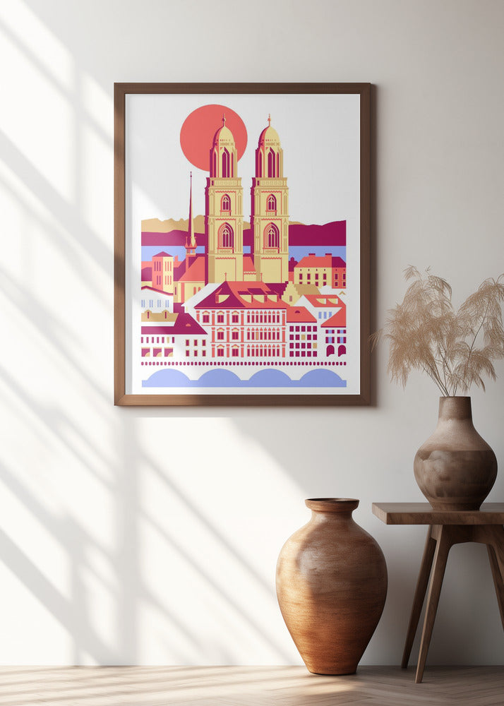 City Of Zurich Switzerland Swiss Summer Mountains City Illustration Vintage Poster
