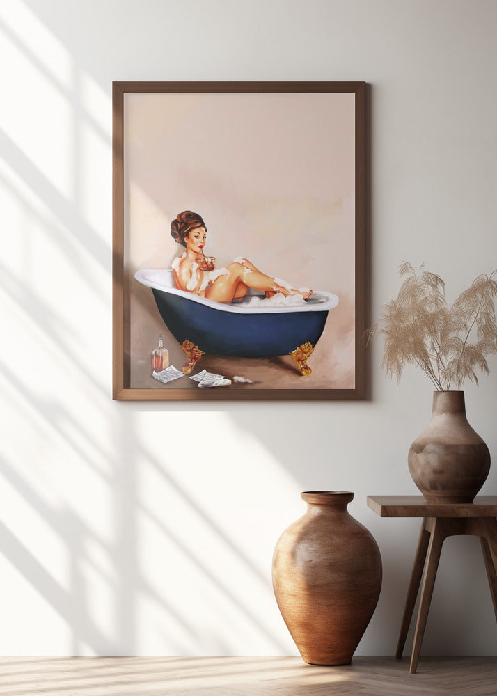 Bathtub Drinks: Pinup Girl Drinking In Bathroom