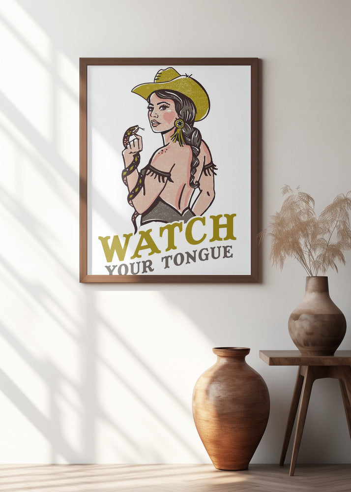 Watch Your Tongue Badass Pin-Up Cowgirl & Rattlesnake