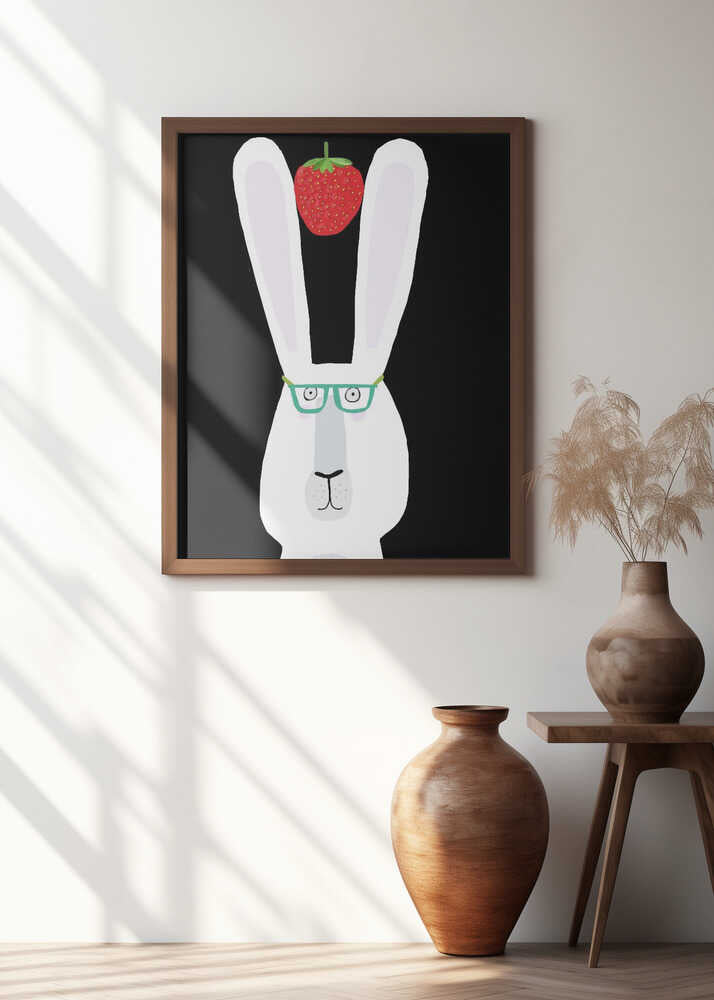 Cute White Rabbit with Strawberry by Artist Carla Daly