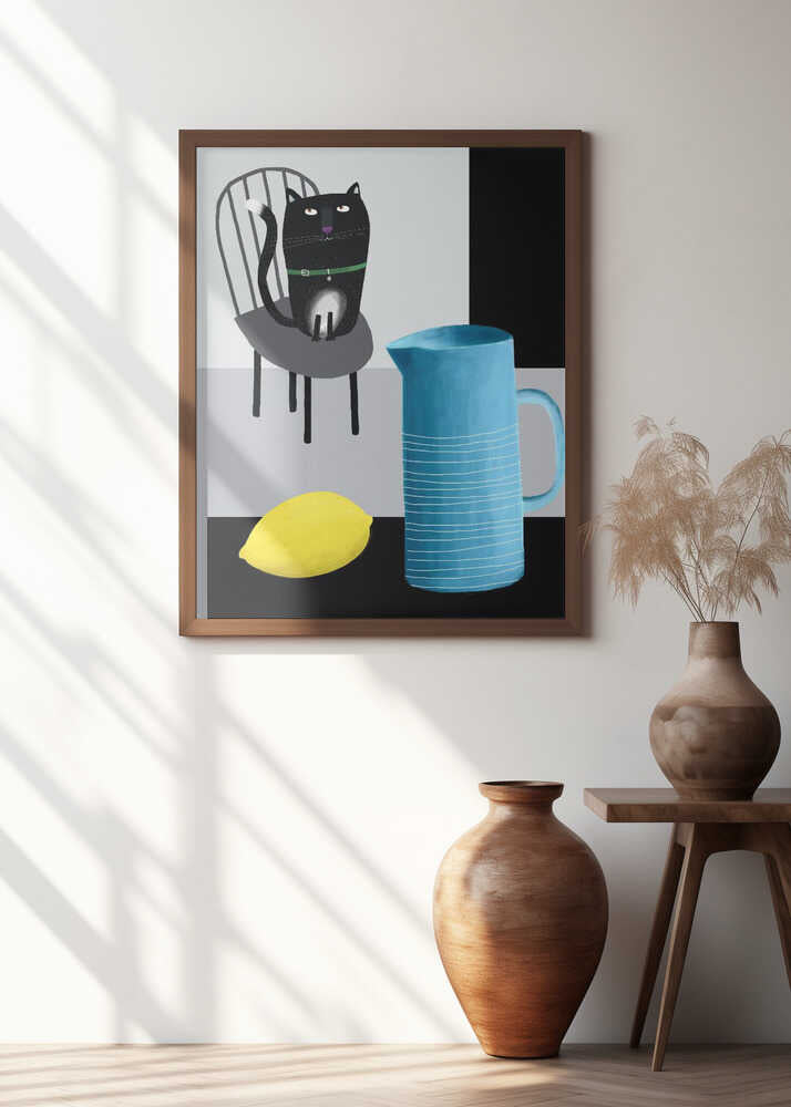 Cute Black Cat sitting on a Chair with Blue Vase and Lemon