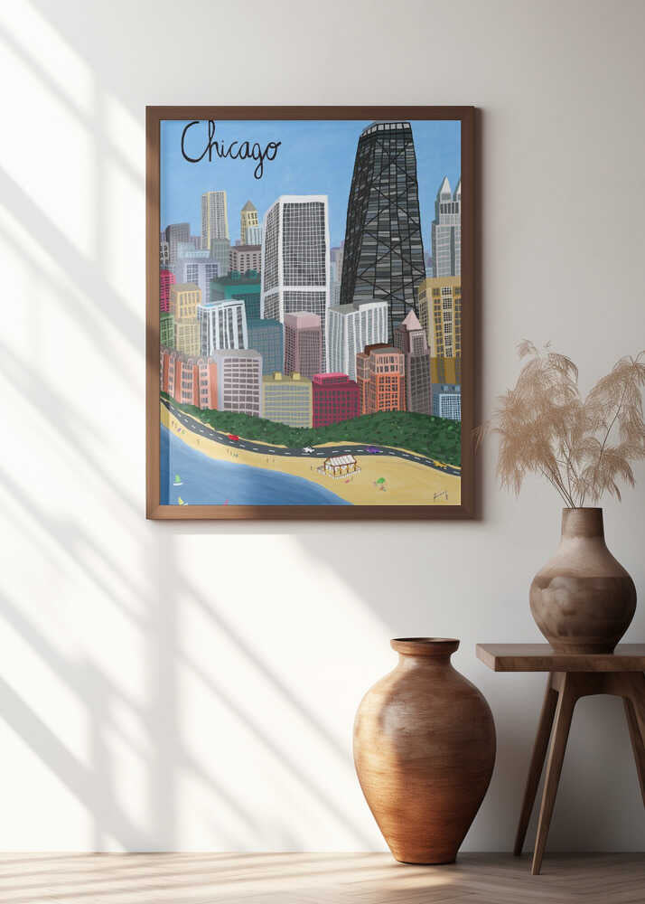 Chicago City with Beachfront on Lake Michigan by Artist Carla Daly