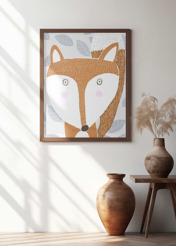 Cute Red Fox with Grey Leaf Pattern by Artist Carla Daly