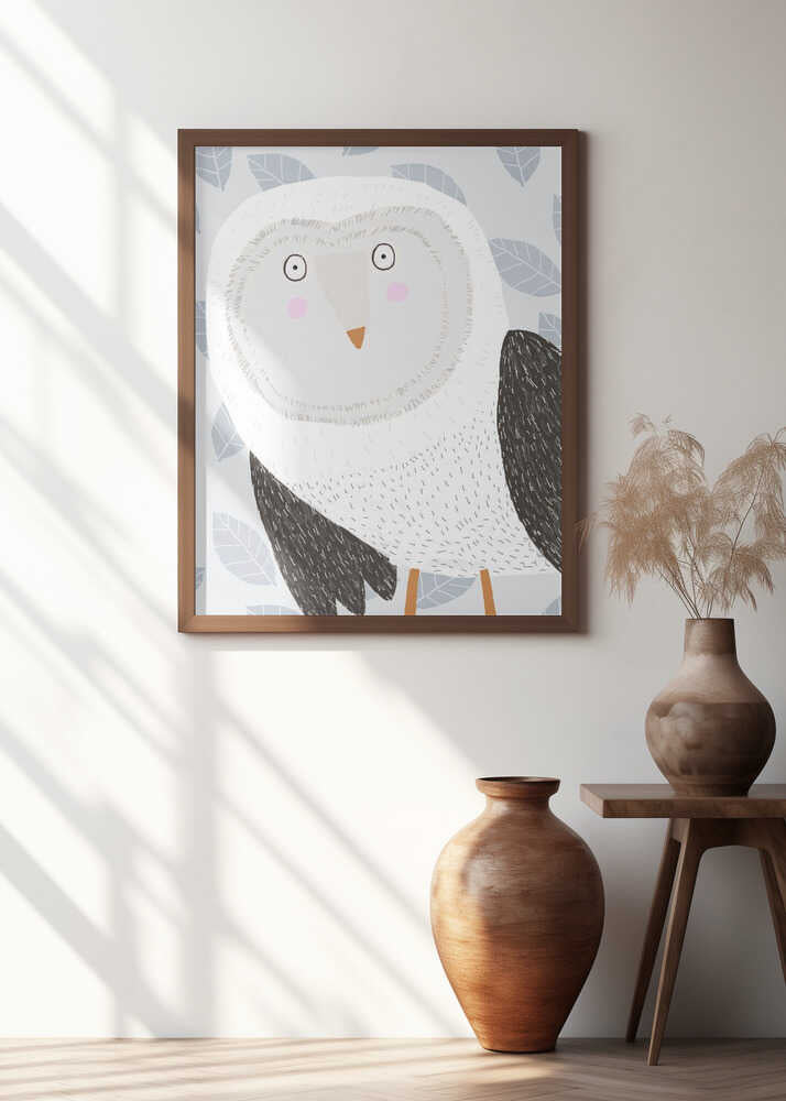 Funny Winter Owl with Grey Leaf Pattern by Artist Carla Daly