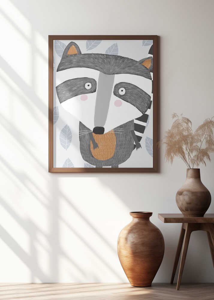 Cute Raccoon with Grey Leaf Pattern by Artist Carla Daly