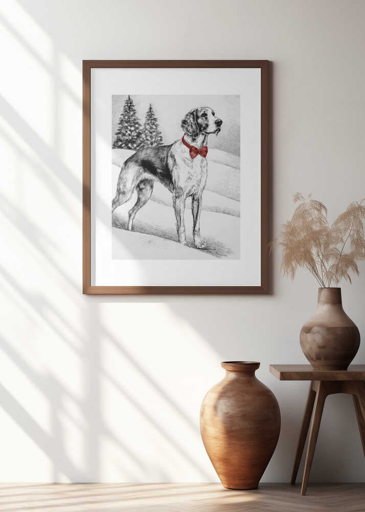 Winter Scenes: Holiday Dog In Snow With Red Bow 2