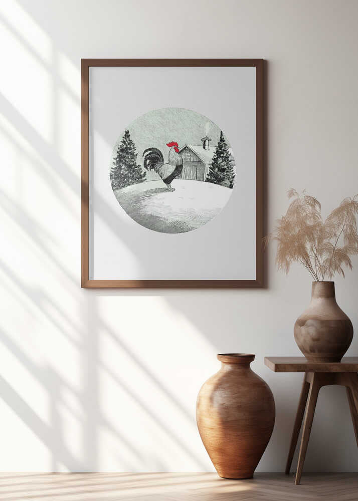 Winter Scenes: Holiday Rooster With Barn On Snow and Christmas Trees 3