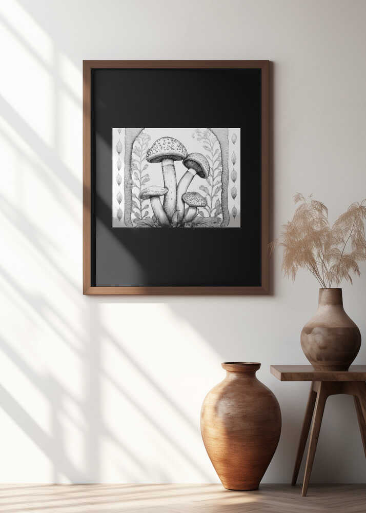 Folk Art: Monochrome Magical Mushrooms Fungi 2