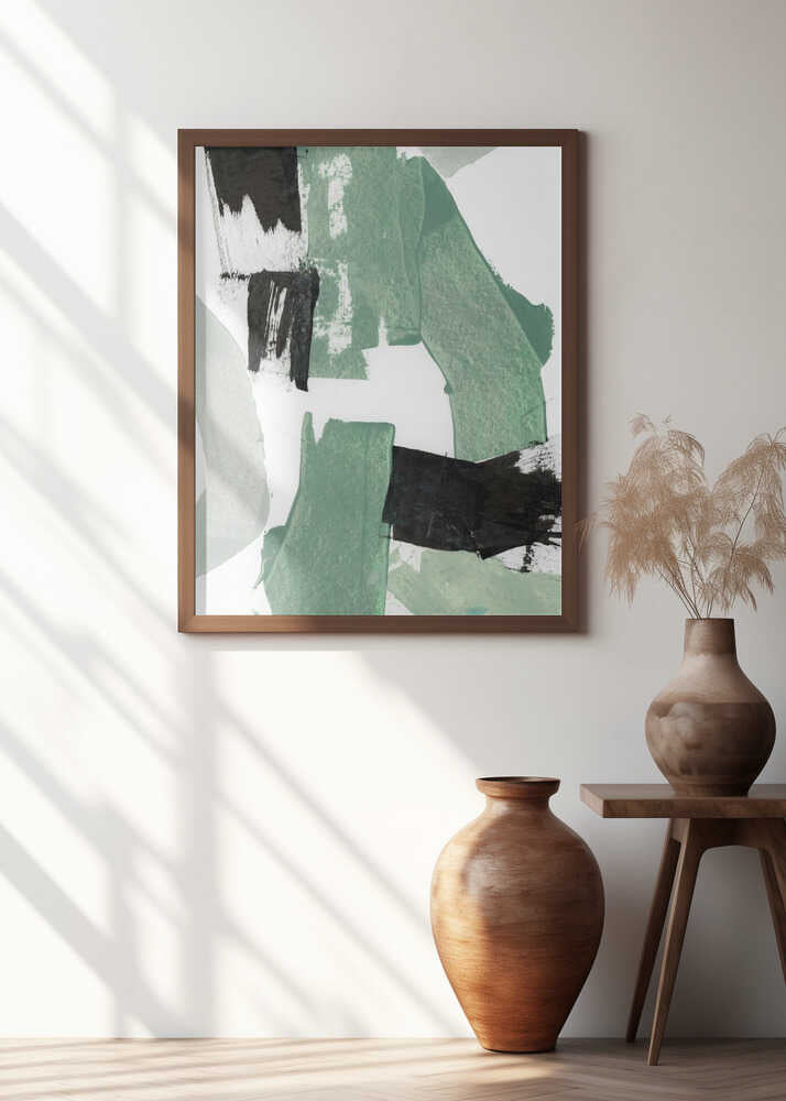 Abstract Green & Black Shapes No1 Print