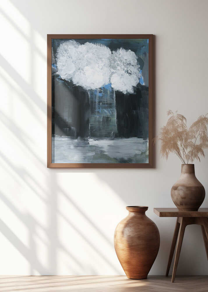 White Snowball Viburnum In Vase On Black Background