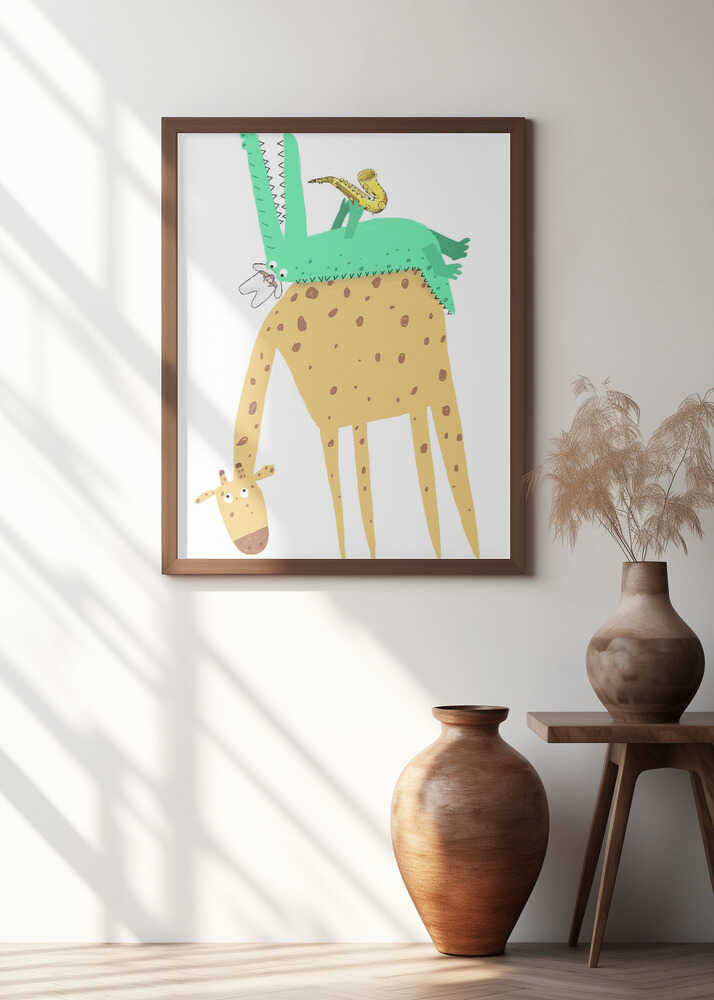 Funny Crocodile Playing the Saxophone on a Cute Giraffe