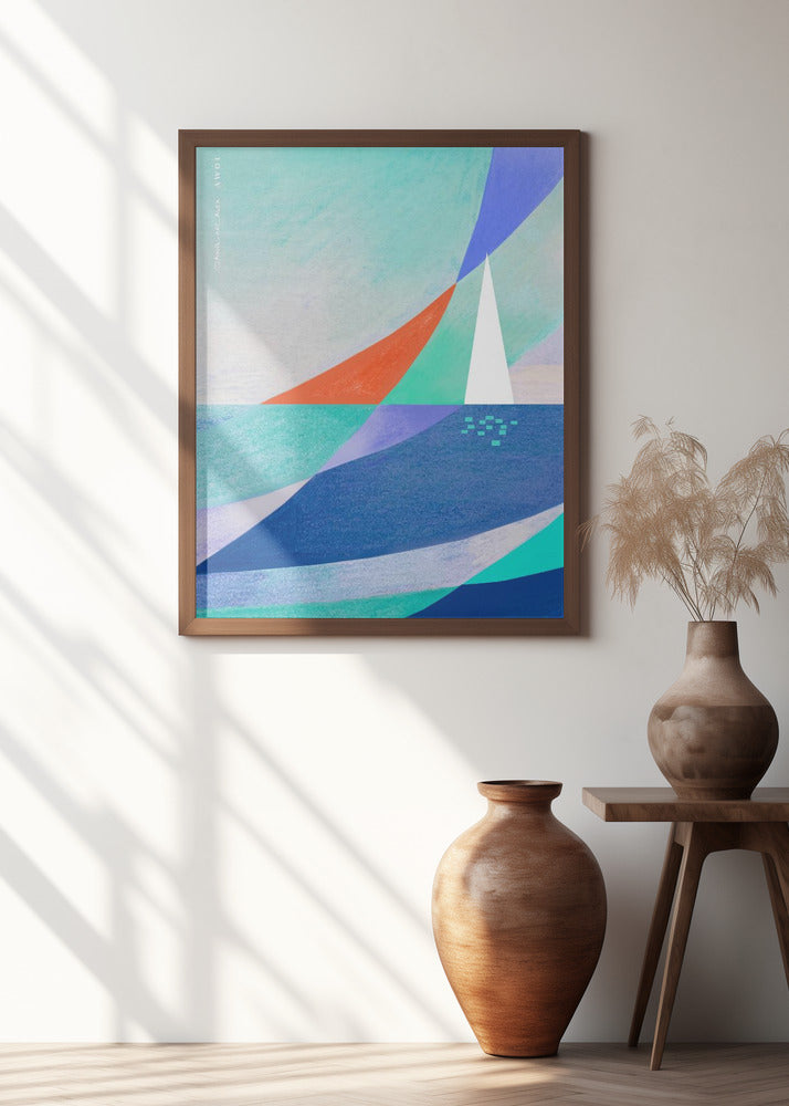 Abstract Ocean Art With Minimalist White Sailboat On The Sea