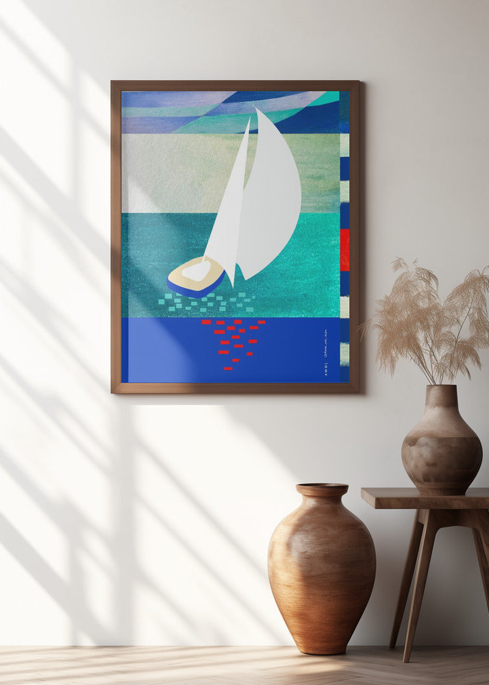 White Sailboat With Reflections, Abstract Sea Art With Graphic Stripes