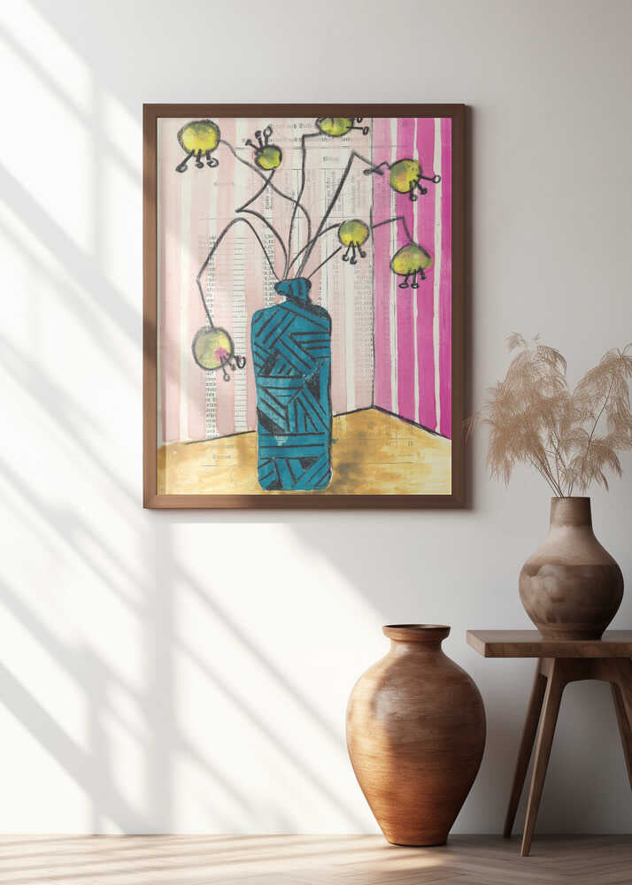 Hand-painted crazy flowers in a vase midcentury still life