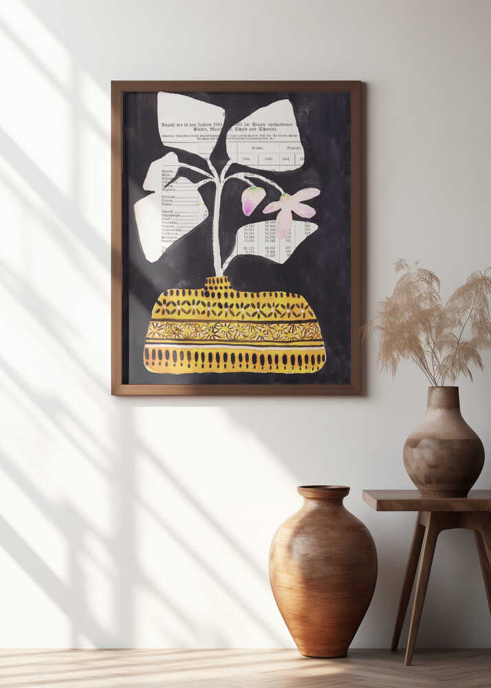 Leaves and flowers in midcentuy vase with black background