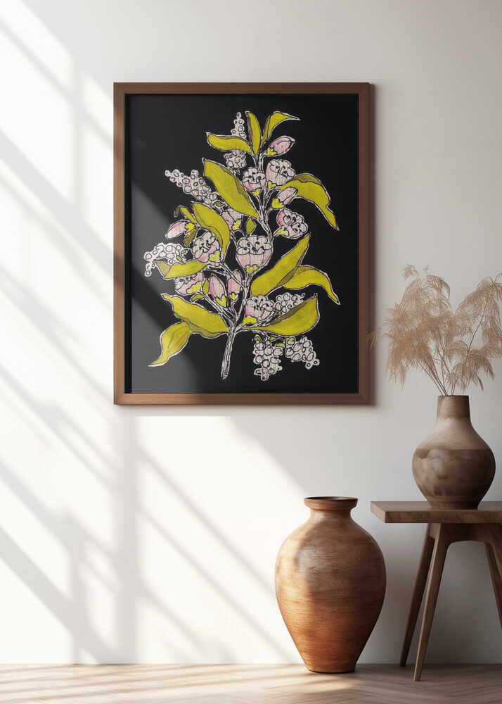 Blossoming branch with black background gouache painting