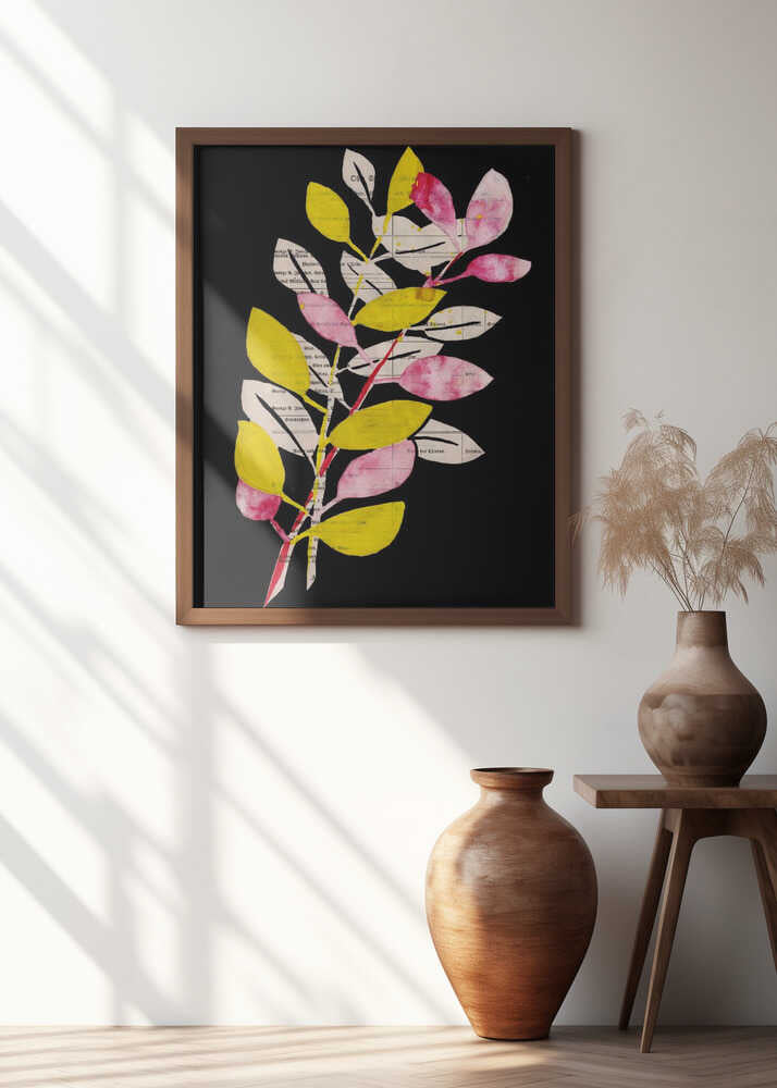 Pink and yellow leaves with black background gouache painting