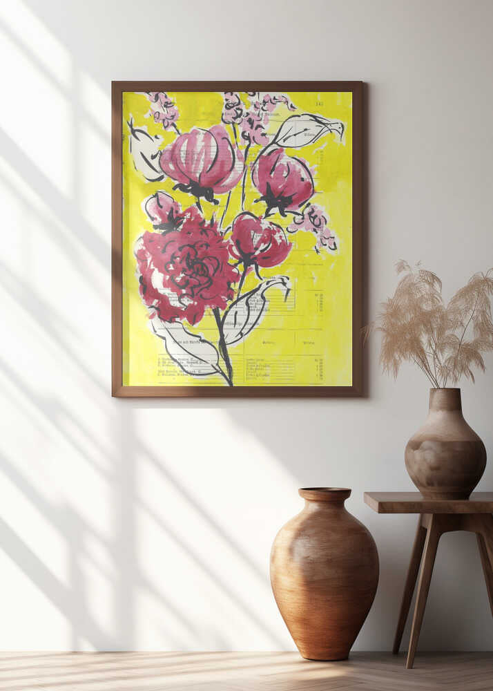 Painted sketch of a rose branch on a yellow background